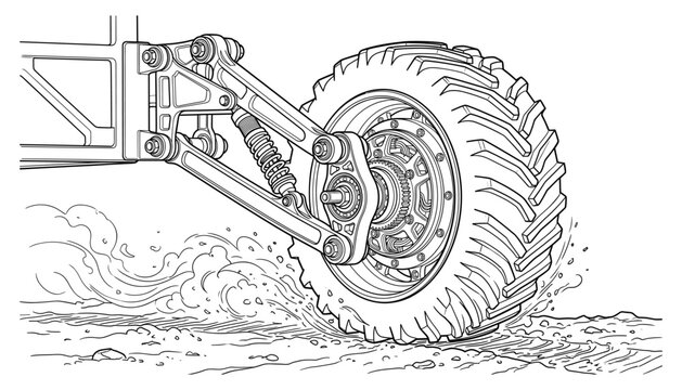 Off-road vehicle wheel with splash of dirt and mud, detailed automotive illustration vector.