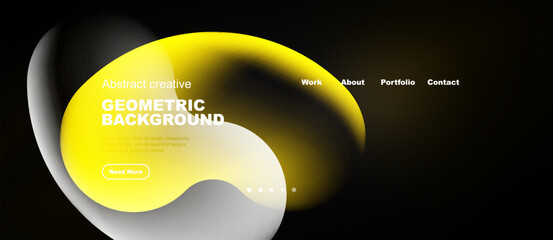 Obraz premium Abstract yellow shapes dominate dark background. Text highlights geometric design, navigation links present. Modern, clean aesthetic.