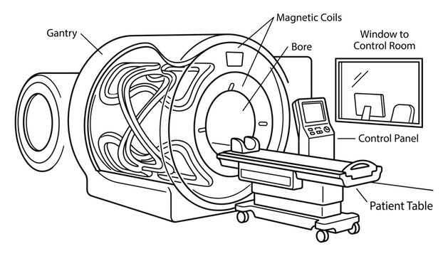 Mri scanner machine with patient table inside bore opening, magnetic coils visible inside gantry, vector illustration.