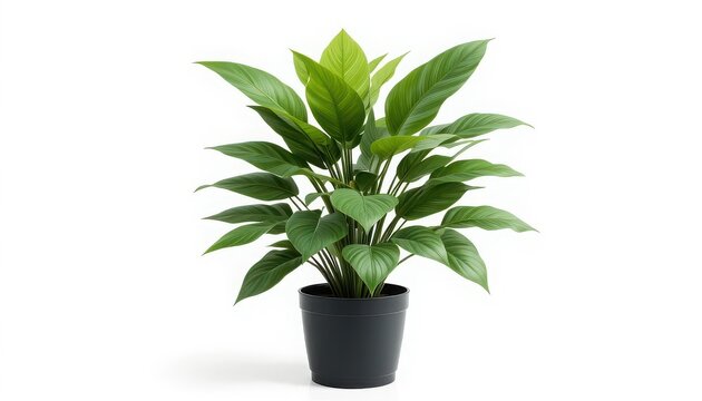 A potted peace lily plant with green leaves isolated on white background