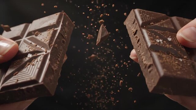 Hands breaking a dark chocolate bar in half in slow motion. Detailed texture of cocoa and sea salt with falling crumbs. Artisanal chocolate concept