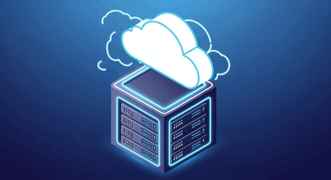 Digital cloud storage and data processing concept with glowing server and abstract cloud shapes, representing technology and information transfer