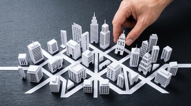 Crafting the future city A hand strategically positions a model building within a developing miniature urban landscape, symbolizing planning and growth