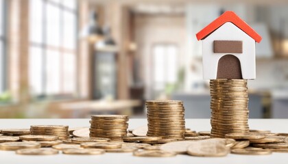 House model on rising stacks of gold coins for mortgage and real estate investment