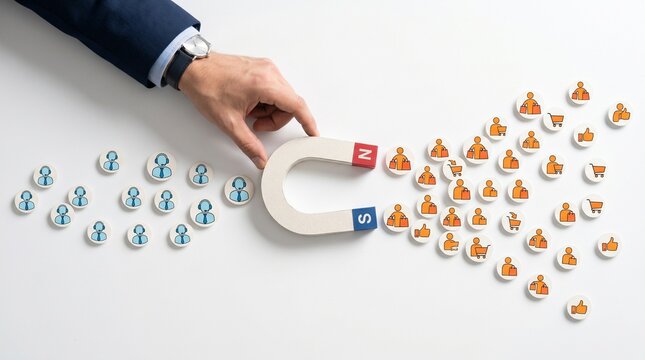 Capturing and attracting potential customers with a horseshoe magnet, illustrating marketing and sales strategies