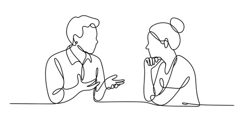 Man and woman talking together one line art drawing © Alzin