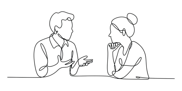 Man and woman talking together one line art drawing
