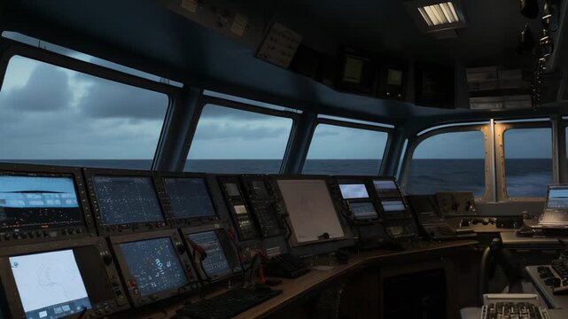 Modern vessel bridge interior with multiple digital displays and control panels, overlooking a calm, cloudy seaadvanced navigation technology supporting professional maritime operations