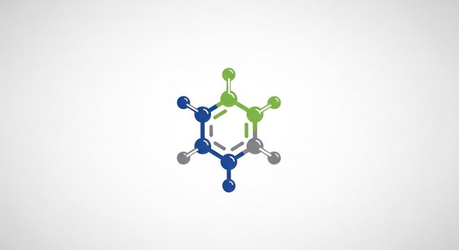 A 3D model of a benzene molecule with blue, green, and gray atoms on a white background.