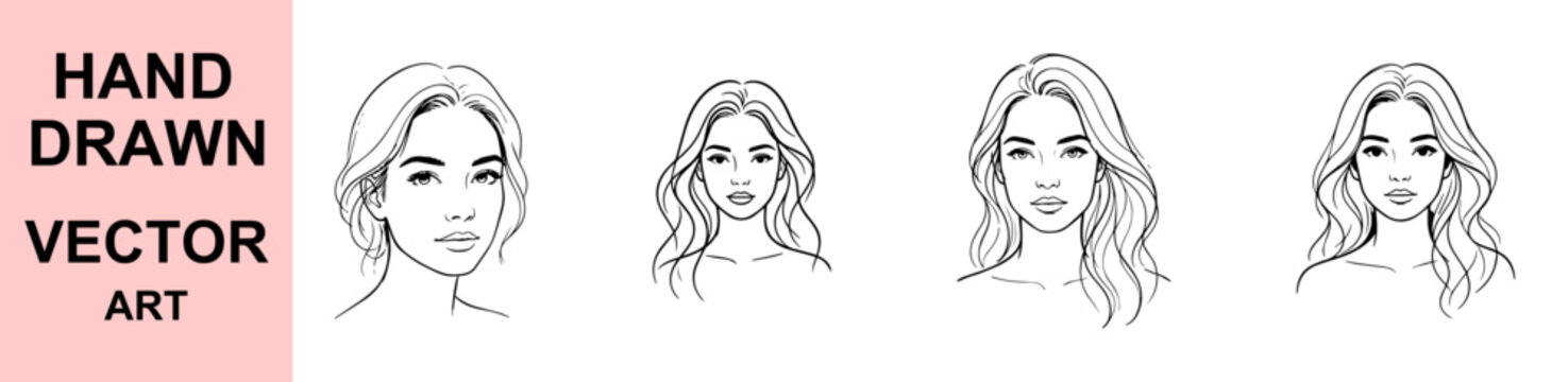 Elegant Female Portrait Vector Illustration with Flowing Hair Beauty Face Line Drawing Fashion Logo Design for Cosmetics Salon Spa Branding