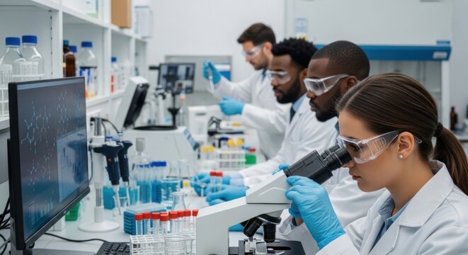 A group of scientists working in a laboratory, using microscopes and computers.