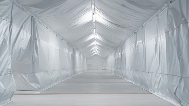 Long corridor constructed from white plastic sheeting, creating a sterile and isolated environment, suggesting concepts of temporary medical facilities, emergency shelters, or storage solutions