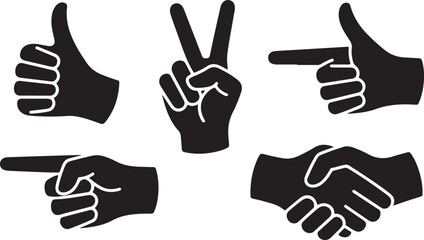 Fototapeta premium Set of black hand gesture icons, including thumbs up, victory sign, pointing finger, and handshake, vector illustration