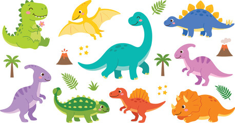 Cute Dinosaur Cartoon Collection Featuring Tyrannosaurus Brachiosaurus Triceratops Stegosaurus Pterodactyl Spinosaurus and Parasaurolophus Vector Illustration Set © Bokul