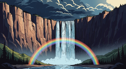 Fototapeta premium Vibrant rainbow appears under waterfall in mountainous landscape illustration