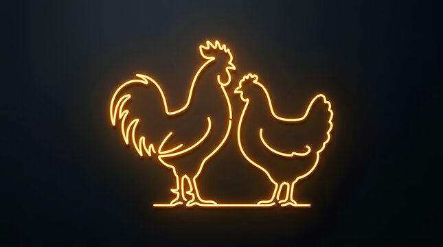 Glowing neon orange rooster and hen silhouette illustration with silhouette illustration creative