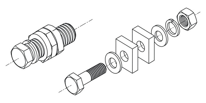 Bolt and nut fastener assembly technical schematic vector illustration for engineering project design.