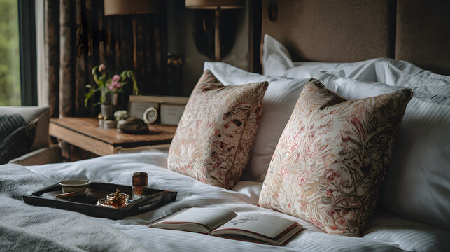 Serene sleep tourism retreat showcasing cozy bed with floral pillows, open journal, tray with tea and candle, soft morning lighting