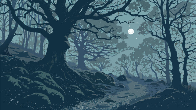Mystical spooky forest path at night with ancient trees under full moonlight, vector illustration