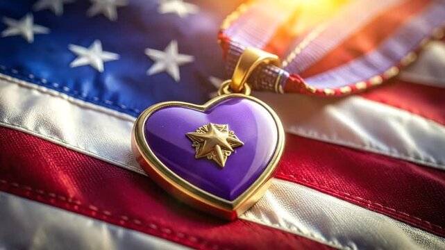 A golden heart-shaped medal with a star on a striped, starred background