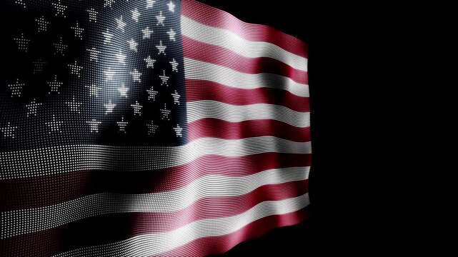 The USA flag waves in motion graphic with america in the dark