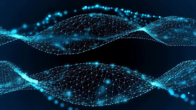 Futuristic Digital Wave Network Abstract Blue Pattern, Glowing Lights, DNA Helix, Data Innovation