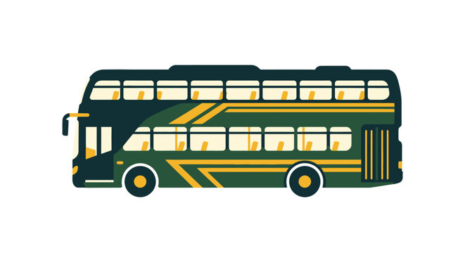 Illustrated green double decker bus with golden accents.