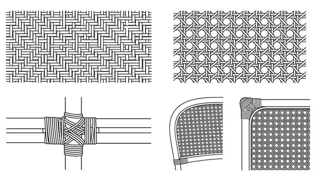 Rattan weaving patterns illustration including chair corner details and furniture texture designs.