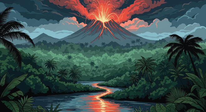 Volcanic eruption occurs over a tropical jungle with a river flowing through it.