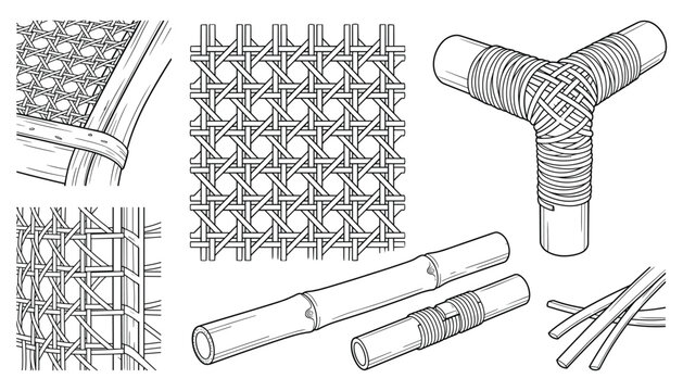 Abstract illustration of various woven patterns, bamboo segments, and a three-way pipe fitting.