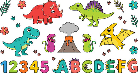Cute Dinosaur Alphabet and Number Learning Collection with Cartoon Dinosaurs Volcano Carnivorous Plants and Educational Vector Elements © Bokul