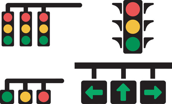 Traffic lights illustrations for any purpose isolated object green yellow and red stoplights vector collection including green arrow direction icon for road safety and transportation design concepts.