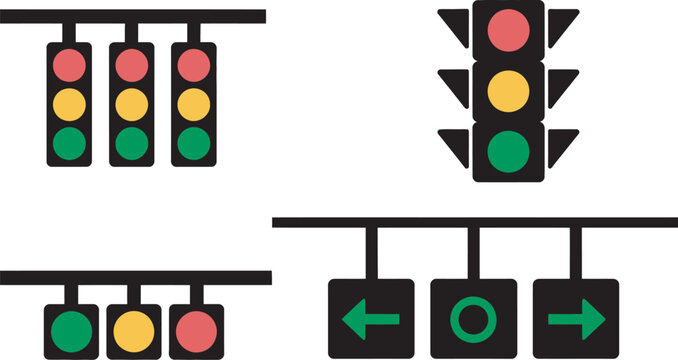 Traffic lights illustrations modern flat style pack with stoplight signals green yellow red and directional arrow icon for navigation UI, traffic safety signage and transport infrastructure design.