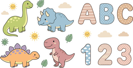 Cute Dinosaur Alphabet and Number Learning Set Featuring Cartoon Dinosaurs ABC Letters and Counting Numbers Educational Vector Illustration © Bokul