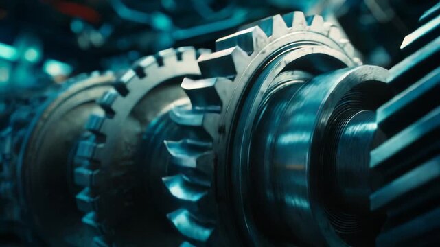 Industrial metal gears are interlocked on an axis, creating a complex mechanism, reflecting concepts of technology, powerful machinery, and precision engineering in manufacturing