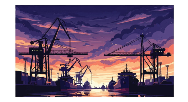 Cranes stand tall on a bustling harbor at sunset with ships docked.
