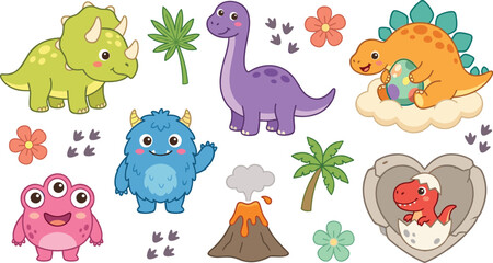 Cute Dinosaur and Monster Cartoon Collection Featuring Triceratops Brontosaurus Stegosaurus Baby Dino Volcano and Friendly Fantasy Characters © Bokul