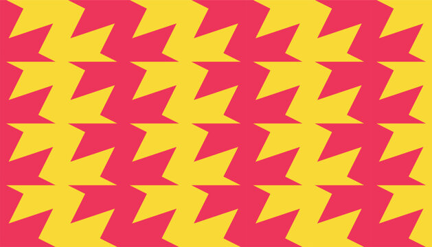 Seamless geometric pattern with abstract zig-zag arrow shapes in vibrant yellow and pink, modern repeating design.