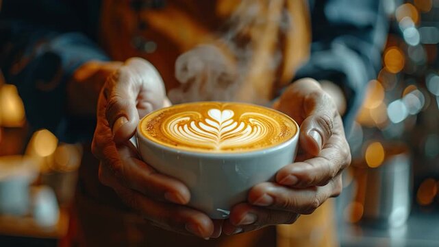 Hands cradle a cup of latte art, steam rising, warm tones, bokeh lights in background