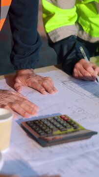 Hands, drawing and architect with blueprint on desk, team or project cost estimation with calculator. Civil engineer, collaboration and people with design layout, sketch and property development