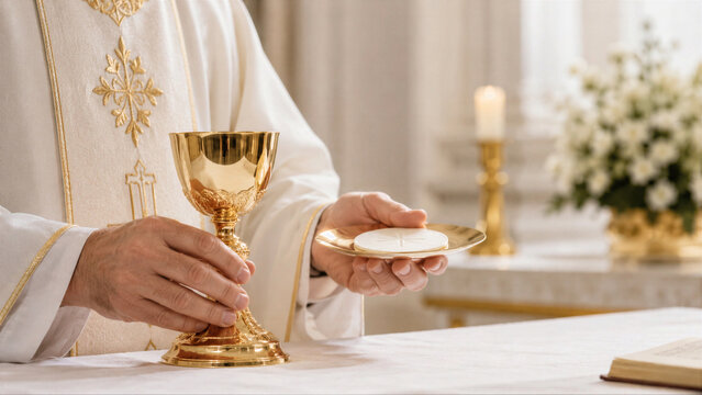 Priest holding golden chalice and paten with host at altar during Catholic mass. Religious ceremony of Eucharist. Holy communion in church. Concept of faith and worship of God.