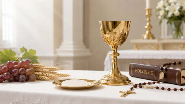 Gold chalice with host on plate next to holy bible and grapes on altar surface. Catholic mass concept. Christian worship setting for eucharist ritual. Religious spiritual tradition.