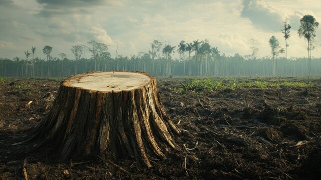 Tree stump in deforested area under cloudy sky