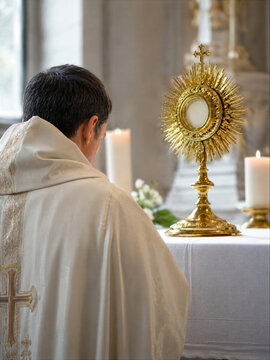 Priest praying before monstrance with blessed sacrament during catholic adoration. Religious ceremony in church with gold chalice vessel and burning church candle. Spiritual worship.
