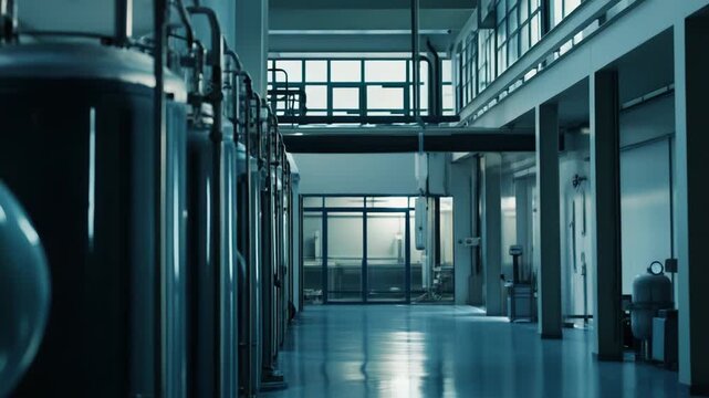 Row of large stainless steel process tanks and pipelines inside a clean, modern chemical manufacturing plant interior, empty production space with blue toned industrial equipment