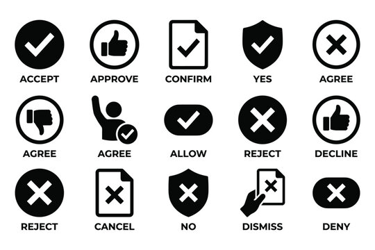 Set of interface icons for user feedback confirm allow or reject buttons as flat graphic vector.