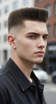 Stylish Young Man with Flat Top Haircut and Denim Jacket Outdoors