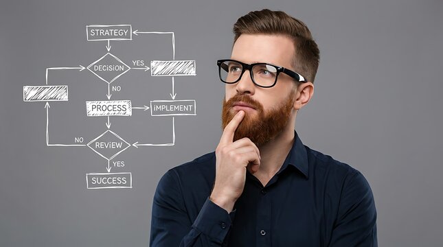 Thoughtful bearded businessman in glasses looking at a strategy flowchart with decision process and implementation steps, contemplating business plan against gray background.