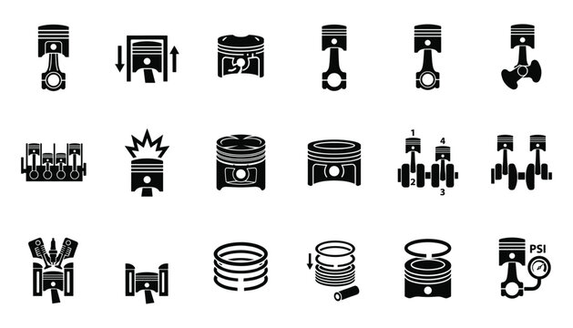 Internal combustion engine piston vector illustration set showing cylinder rings and pressure gauge.