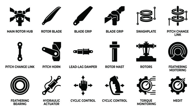 Helicopter rotor system vector illustration set, main rotor hub, rotor blade and feathering bearing.